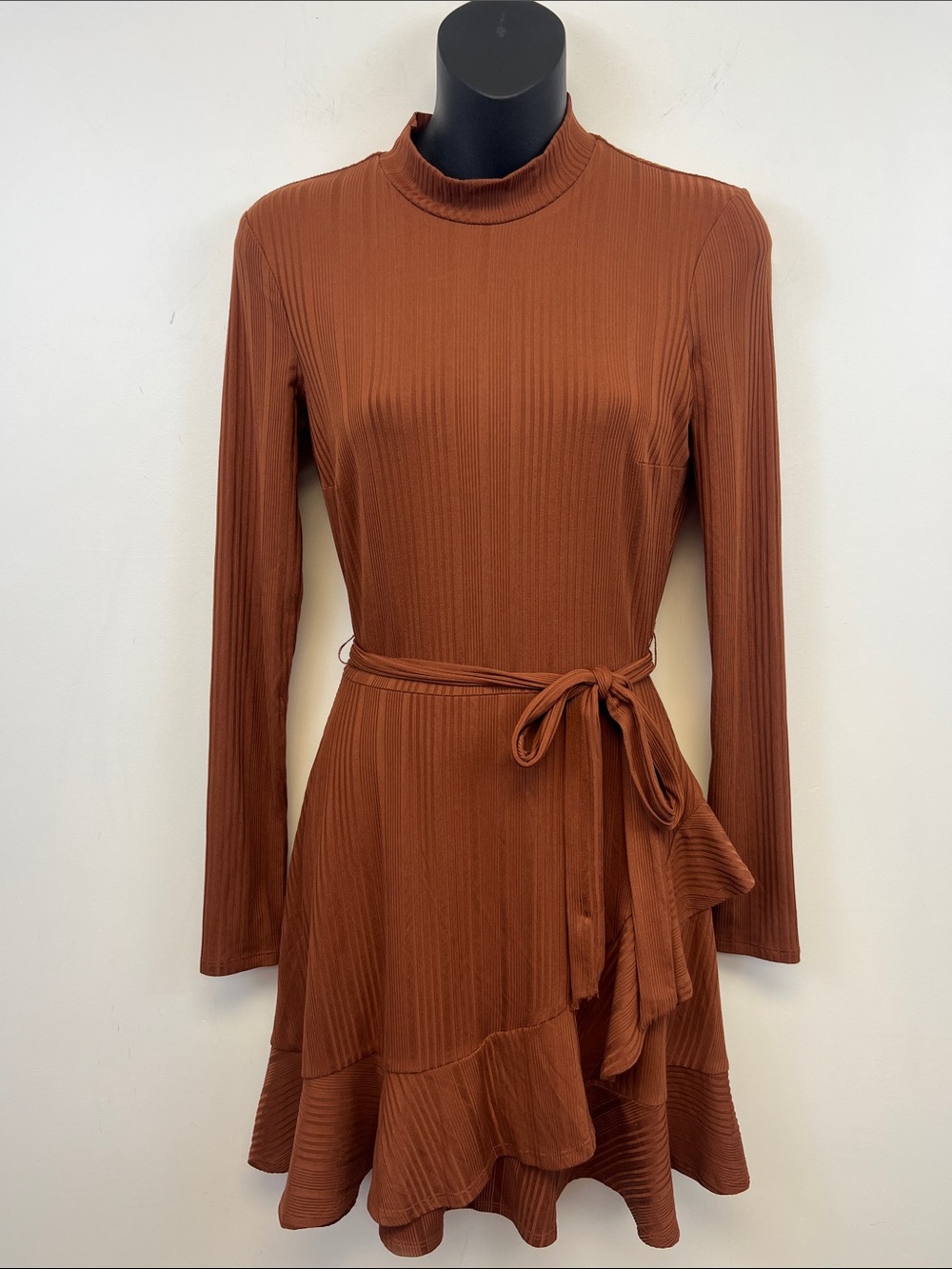 Speechless Women's Brown Ribbed Mock Turtleneck Ruffled Midi Dress Size XS